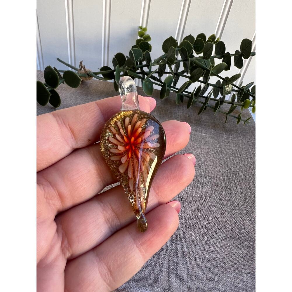 Hand Blown Glass Flower Pendant | Orange Floral Art Glass Jewelry